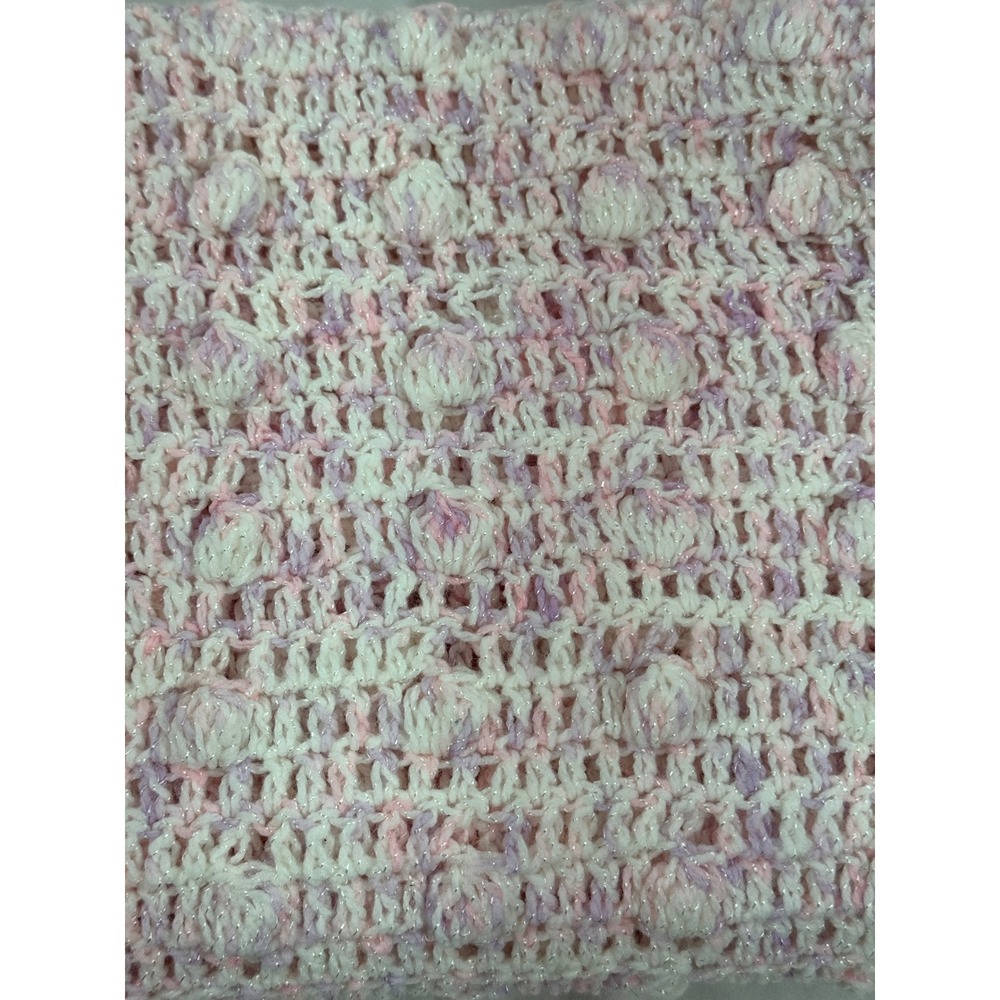 Vintage‎ Handmade Crochet baby blanketPink Purple White Popcorn Stitch Scalloped